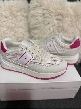 Calvin Klein Women Cream & Pink Mesh Platform Sneakers